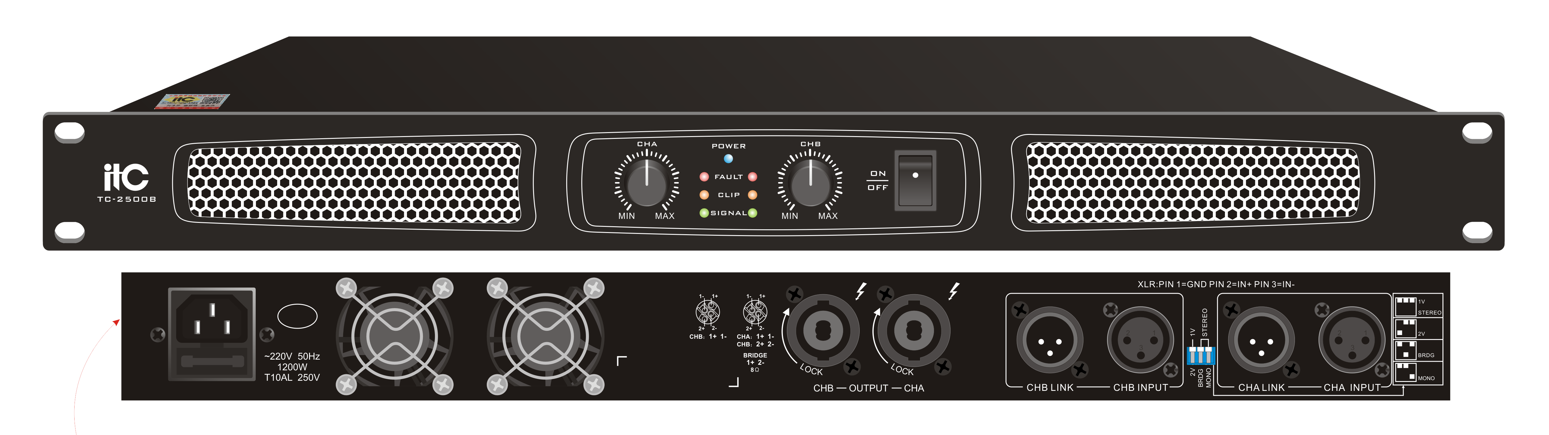 2-канальный усилитель, 2х500W / 8 Ом ITC-2500B